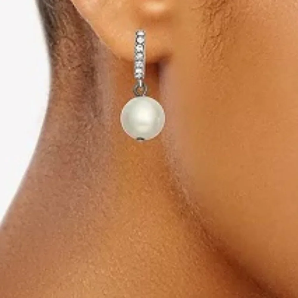 VERA WANG Mod/Contemporary Silver Clear Crystal White Pearl Drop Hoop Earrings - Picture 2 of 2